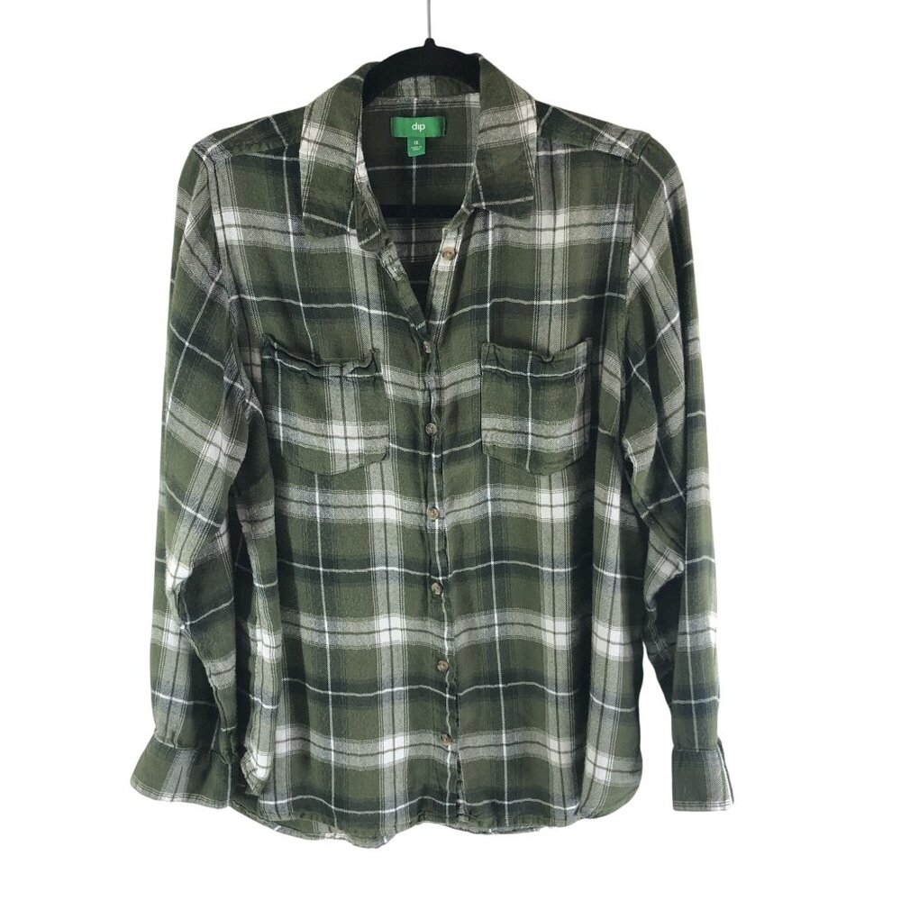 dip Womens Flannel Shirt Button Down Chest Pockets Plaid Green 1X